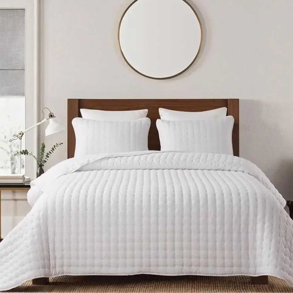 🆕 PB Style King Quilt Set Tufted Classic White 3 piece Set